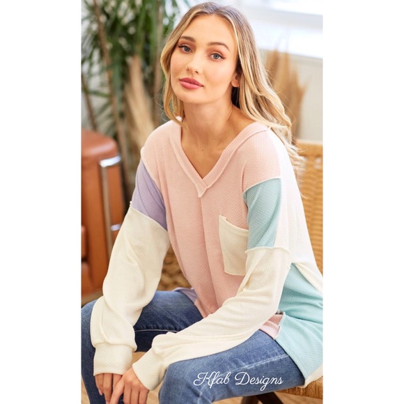 LAST 1! V Neck Pastel Palette Textured Soft Hacci Color Block Top! - Picture 5 of 9